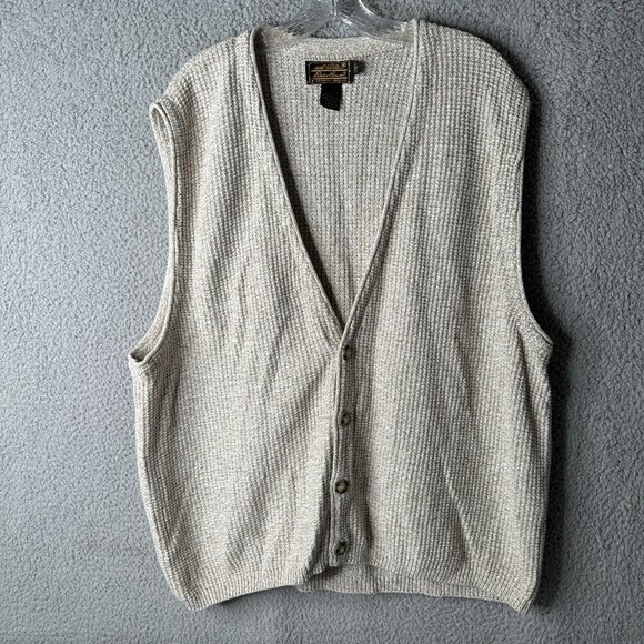 Eddie Bauer Mens Sweater Vest XL Beige Knit 100% Cotton USA Grandpa Preppy 90s - Picture 1 of 8